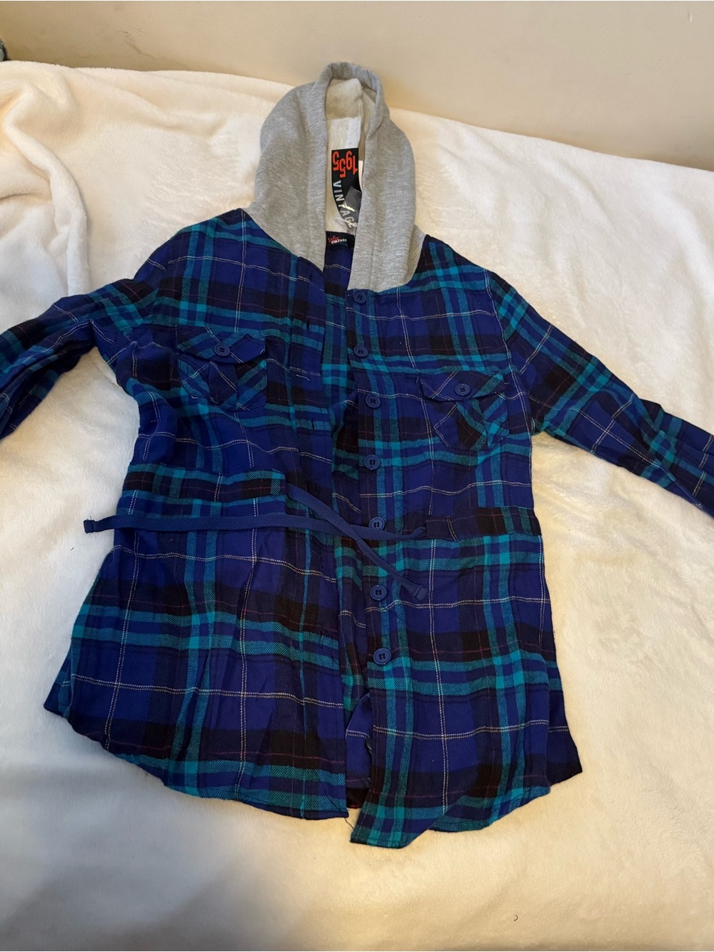 Juniors Blue & Teal Plaid Hooded Button-Up Shirt Jacket